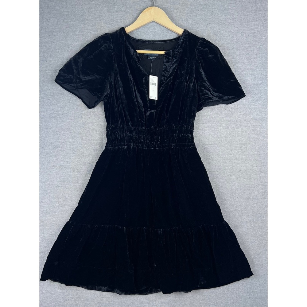 Maeve Anthropologie Black Velvet Smocked Waist Tiered Mini Dress XS NWT 64976483